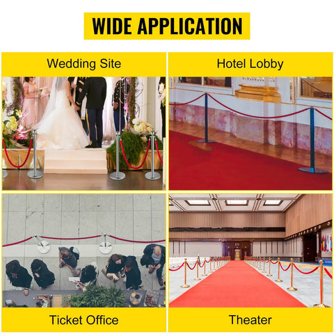 Velvet Rope Stanchion Set With Gold Posts And Ball Tops in use at wedding, hotel lobby, ticket office, theater for crowd control