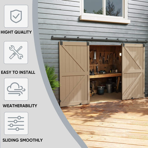 Heavy Duty 16 Foot Barn Door Hardware Kit Sliding Track System For Two Doors Wall Mount Black installed on exterior wall