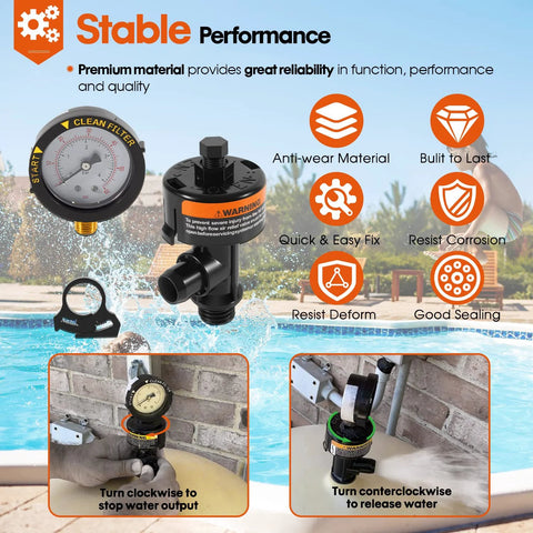 DearChan 98209800 high-flow air relief valve with pressure gauge for pool/spa filter; black plastic body, 1-pack (Amazon)
