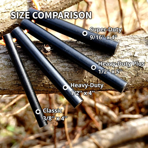 Size comparison of ferro rods, including 2 Pack Beefy Heavy Duty Ferro Rods Half Inch Thick Four Inch Long Drilled Ferrocerium Flint And Steel With Lanyard Hole For Camping Hiking Bushcraft And Emergency Kits Survival Fire Starter.