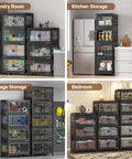 Legit Heavy Duty Stackable Storage Bins With Four Dual Access Doors And Three Secure Lids used in laundry, kitchen, garage, and bedroom setups.
