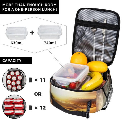 Golden Desert Bright Sunshine Insulated Lunch Bag with Detachable Handle open with fruits and containers inside, 11 can capacity