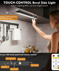 Woman adjusting Go-To Under Cabinet Lighting Kit with touch control and motion sensor, installed under kitchen cabinet, lit with 160LED