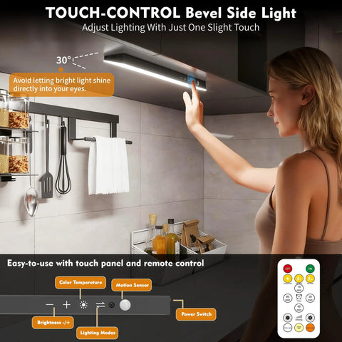 Woman adjusting Go-To Under Cabinet Lighting Kit with touch control and motion sensor, installed under kitchen cabinet, lit with 160LED