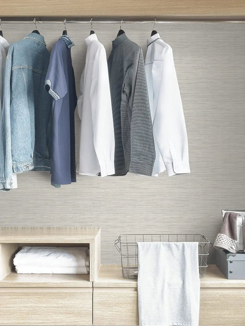 Crossweave Peel And Stick String Wallpaper Gray Textured Real String Look Repositionable Wall Covering in closet setting