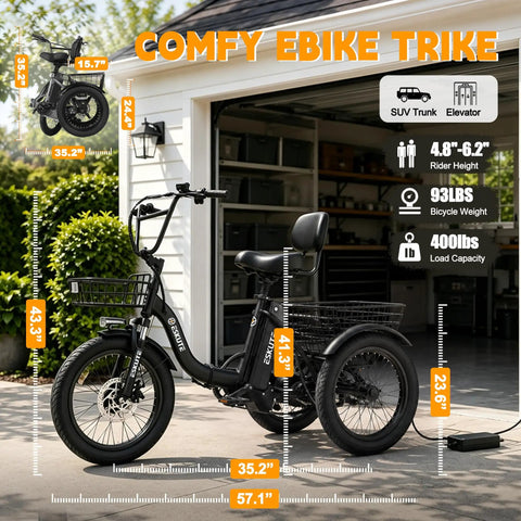 Boss Level Fat Tire Electric Tricycle For Adults With Folding Frame And Basket 1200W Peak Motor 48V 13Ah Battery 18 Inch Fat Tires Step Through Ebike Up To 65 Miles And 18 MPH Stable Comfortable Ride, black trike in garage