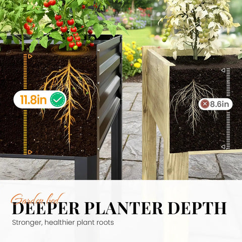 Beefy Raised Garden Bed On Legs With Storage Shelf, Galvanized Elevated Planter Box For Backyard, Deep 11.8 Inch Bed, Dark Grey
