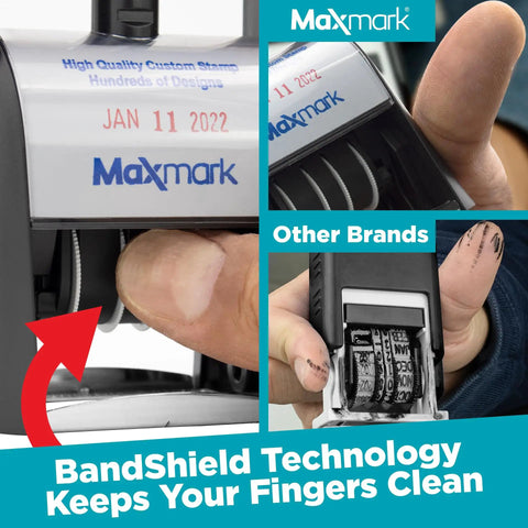 Heavy Duty Self Inking Date Stamp Workhorse featuring smooth rotating wheels and received phrase, showing crisp impressions without smudges.