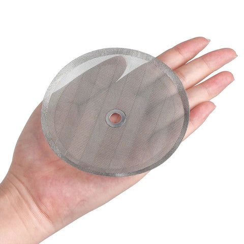 Six Piece Replacement French Press Filter Set Four Inch Stainless Steel Mesh Screens Ultra Fine 100 Mesh shown in hand