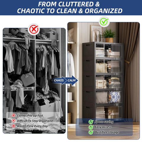 No Sweat Roll Away Stackable Storage Bins With Smooth Casters And Parking Brakes Large Folding Closet Organizers For Messy Rooms And Junk Drop Boxes Black Five Pack Ready organized closet comparison image
