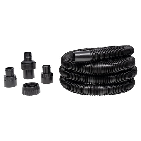12 Foot Vacuum Hose With 1.5 Inch Connector, Heavy Duty Vinyl Build, shown coiled with essential accessories for wet dry vacuums.