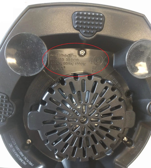Bottom view of Nutri Ninja Auto IQ 1000W blender base, showing model information label, compatible with 32 Ounce Cup With Sip N Seal To Go Lid Extra Large Replacement Jar.