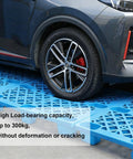 Durable Lightweight Plastic Pallet For Indoor And Outdoor Storage supporting a car tire, demonstrating strength on breathable platform.