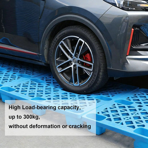 Durable Lightweight Plastic Pallet For Indoor And Outdoor Storage supporting a car tire, demonstrating strength on breathable platform.