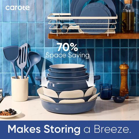 27 Piece Ceramic Nonstick Cookware Set With Detachable Handles For Easy Low Oil Cooking RV And Camping Ready Pots Stackable Blue