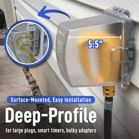 1-Gang Weatherproof Outdoor Outlet With Extra Deep 5 1/4 Inch Lockable Cover, frost-clear polycarbonate, mounted on wall.