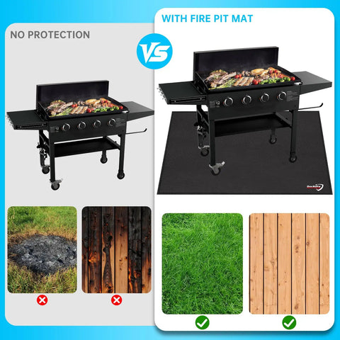 Image comparing damage with and without 40 Inch Square Fire Pit Mat For Decks, Patios And Grills, Fireproof And Waterproof Under Grill Pad.