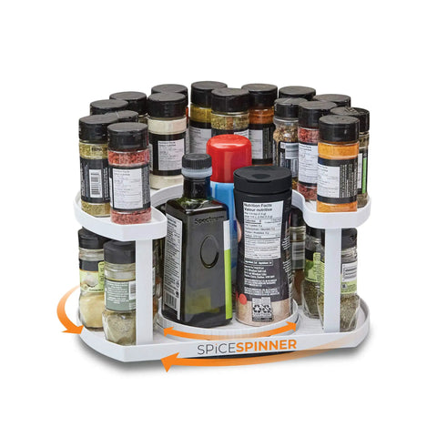 Two Tier Spice Spinner Organizer With Dual Spin Turntables Go To Cabinet Space Saver Keeps Spices Neat Visible And Within Reach Tall Bottle Friendly Design For Easy Access And Bulk Storage holding various spice bottles