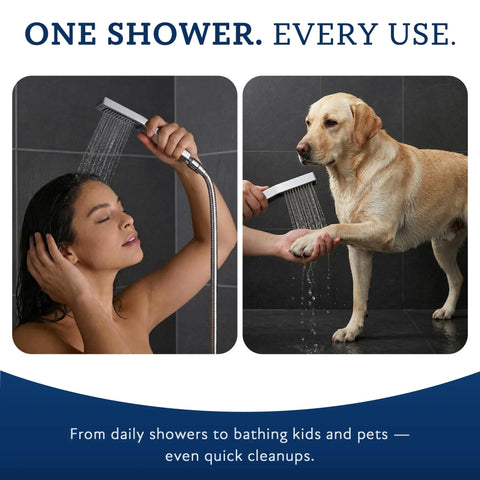 Person using handheld spray from All Metal 8 Inch Dual Square Rain Shower Head With Handheld Spray, dog being rinsed with shower