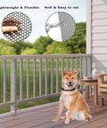Dog beside black plastic roll mesh fence netting, outdoor, 16.4 ft long, 15.7 in wide, cuttable pet fence for garden use by patio.