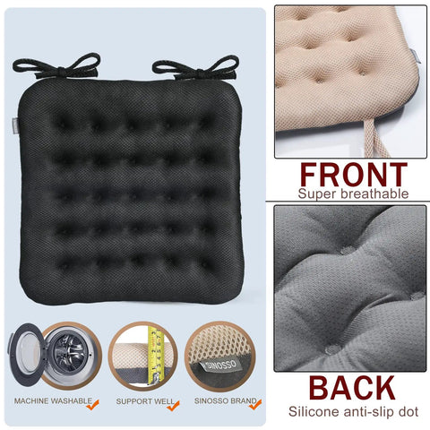 Premium Breathable Office Chair Cushion With Non Slip Surface, 16.5 x 15.7 x 1.6 Inches, front and back view, black cushion