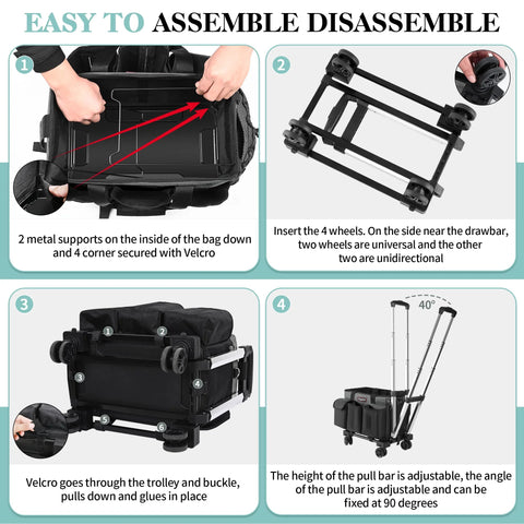 Assembly and disassembly steps for Rolling Cleaning Caddy On Wheels With Hard Bottom And Wearable Tote Handles Four Carry Options