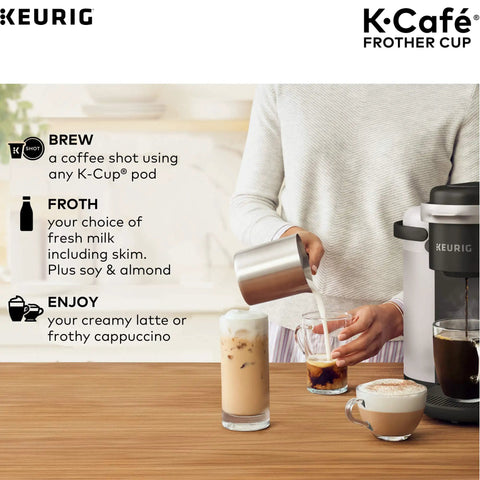 Person using Non Dairy Milk Frother For K-Café Coffee Makers Only, Hot And Cold Frothing, 34-Ounce Capacity, Charcoal Finish