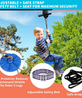 Child using Backyard Zip Line Kit For Kids And Adults Up To 450 Lbs 150 Ft Outdoor Zipline With Rustproof Cable Removable Trolley Swing Seat No Fuss Safety Harness And Spring Brake in a backyard setting.