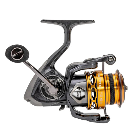 Real Smooth Spinning Fishing Reel Size 200 decked out with 10 plus 1 bearings and 6.2 to 1 gear ratio, side view.