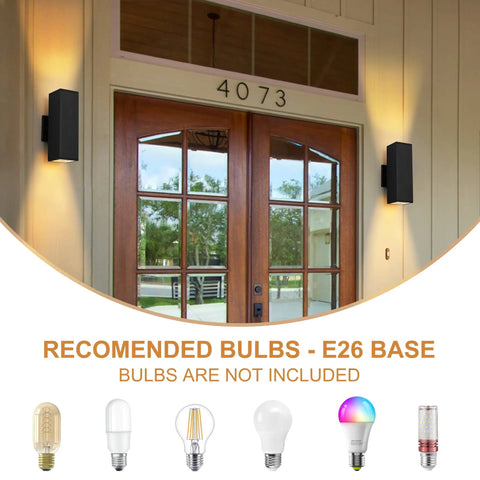 Outdoor Wall Lights 2 Pack Dope Waterproof Exterior Lighting Fixtures Black Aluminum Porch Lights For Garage And House IP54 Weatherproof Outdoor Lighting For Patio Garden Front Porch, showing installed lights flanking a wooden door with recommended E26 base bulbs below.
