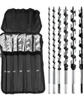 Front view of NICAVKIT 6-piece 12-inch auger drill bit set with hex shanks in a roll-up case; sizes 1/4–7/8 in for wood.