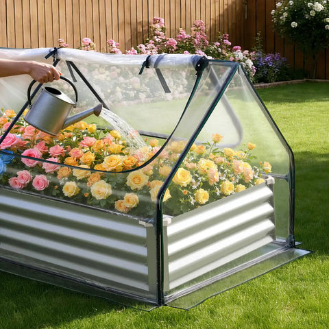 Six By Three Foot Metal Raised Garden Bed With Greenhouse Cover For Outdoor Use, Galvanized Planter For Veggies Flowers And Fruit, Three In One Garden System With Open Bed Or Standalone Greenhouse