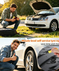 Man using 90 Piece Tire Repair Kit With 3 Size Vacuum Plugs for quick car fix, shows thumbs up near open hood and tire tools