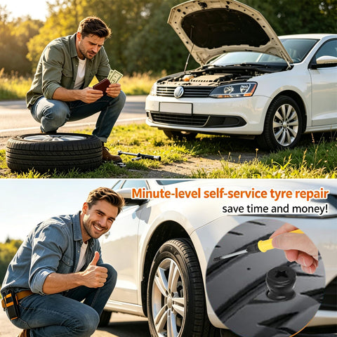 Man using 90 Piece Tire Repair Kit With 3 Size Vacuum Plugs for quick car fix, shows thumbs up near open hood and tire tools