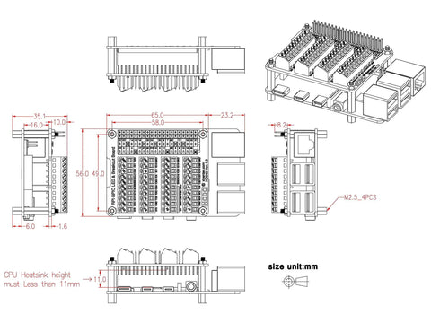 Raspberry Pi GPIO Status LED and Terminal Block Breakout Board HAT for A Plus 3A Plus B Plus 2B 3B 3B Plus and 4B with 5V and 3.3V Indicators and Plug and Play GPIO High Low LEDs, dimensioned technical drawing