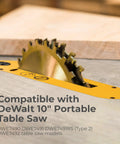 Heavy Duty Dado Throat Plate For 10 Inch Portable Table Saw features a gold blade and fits DeWalt models for precision cuts.