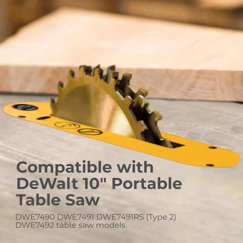 Heavy Duty Dado Throat Plate For 10 Inch Portable Table Saw features a gold blade and fits DeWalt models for precision cuts.