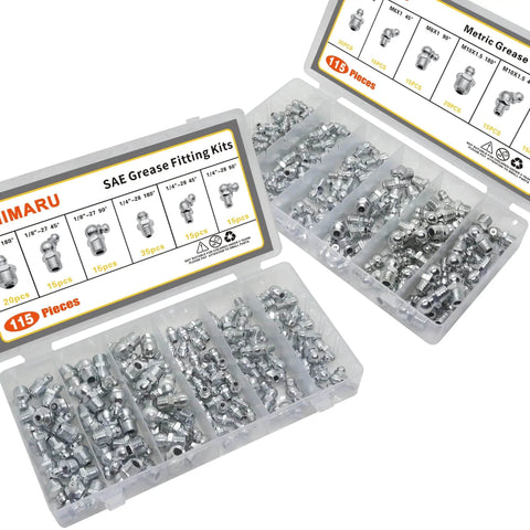 Open cases showing All In One 235 Piece SAE And Metric Grease Fittings Kit With Quarter Inch And Eighth Inch Sizes M6 M10 fittings
