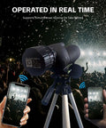 Telescope Eyepiece Camera, 4MP Digital Camera, 2K Video Recording Via App shown mounted on telescope at concert, dual phone display