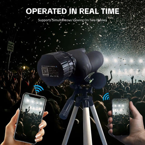 Telescope Eyepiece Camera, 4MP Digital Camera, 2K Video Recording Via App shown mounted on telescope at concert, dual phone display