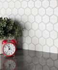 Metro 2 Inch Hex Matte White Porcelain Tile Mesh Mounted Mosaic For Floor And Wall installed in kitchen backsplash