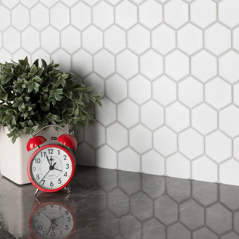 Metro 2 Inch Hex Matte White Porcelain Tile Mesh Mounted Mosaic For Floor And Wall installed in kitchen backsplash