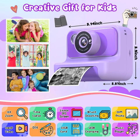 Kid Camera With Instant Print And Fun Features For Kids, 2.4 Inch LCD Screen, 10x Digital Zoom, Flashlight, Time Lapse, Burst Shooting, DIY Frames, 21 Cute Frames, 8 Mirror Effects, 6 Filters, MP3 Player, Great Christmas And Birthday Gift, purple instant print camera