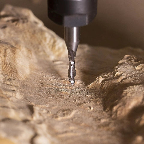 Close-up of Carbide Downcut Router Bit Set For Woodworking With 3/8 Inch Cutting Diameter in action on wood surface