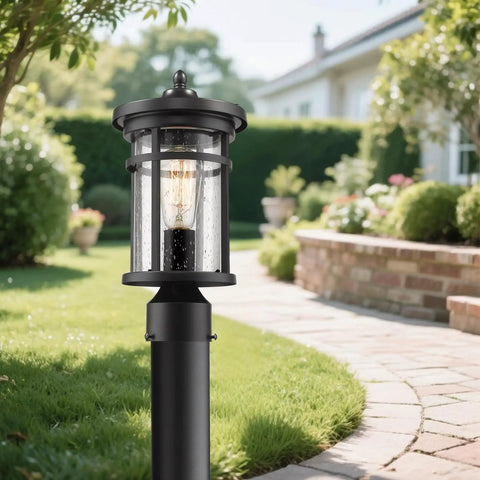 Outdoor Post Light For Garden And Pathway Vintage Exterior Pillar Lamp with warm glow in garden setting, weather-resistant.