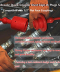 Front view of hydraulic quick-disconnect dust caps and plugs in red rubber for 1/2 inch flat-face couplings.