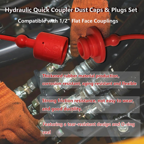 Front view of hydraulic quick-disconnect dust caps and plugs in red rubber for 1/2 inch flat-face couplings.