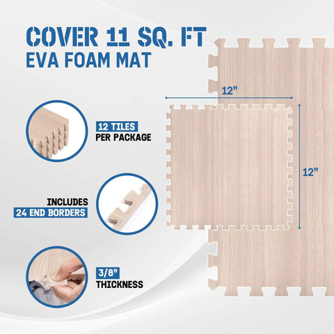 Interlocking EVA Floor Mats Puzzle Tiles With Border 12x12 Inch 3/8 Inch Thick Foam Floor Padding showing size, tiles, and borders