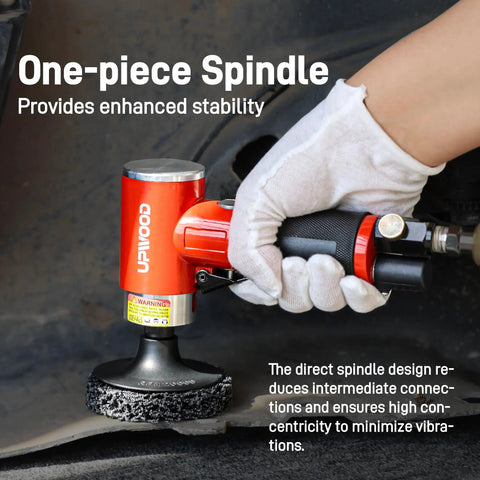 Workhorse 3 Inch Air Sander And Angle Grinder With Roll Lock Wheel Set in use for auto body repair showing one-piece spindle