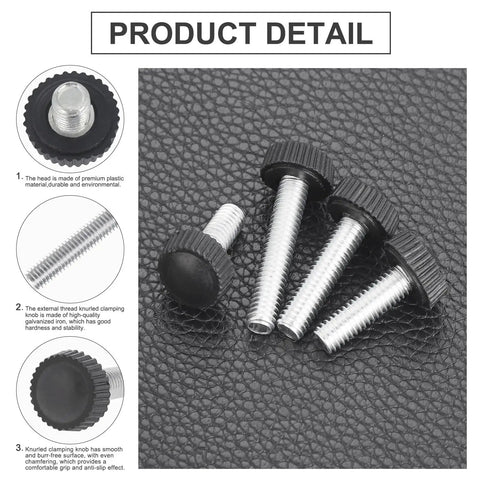 Top Tier M6 Thumb Screw Kit Packs 70 Heavy Duty Knurled Knobs showing four black knobs with steel threads on textured background.
